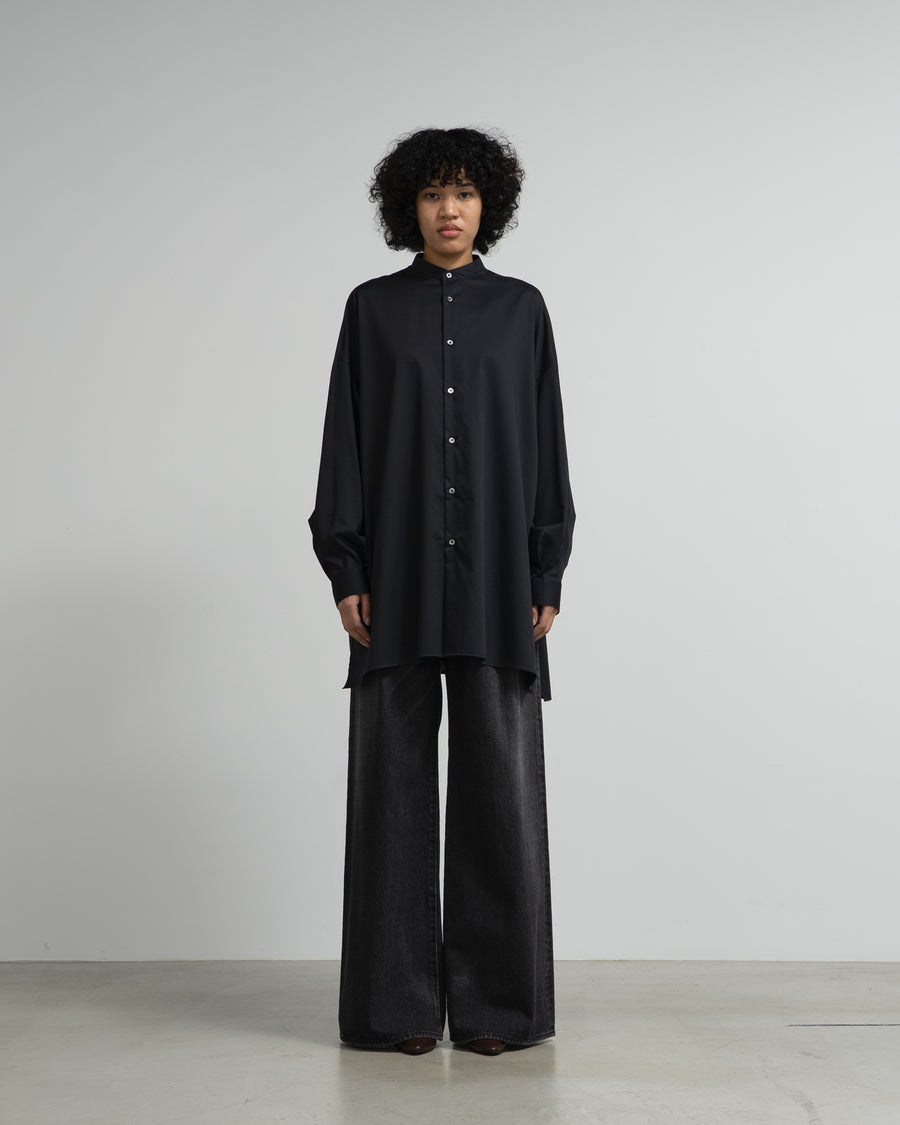 Silicon Poplin Deep Slit Band Collar Shirt