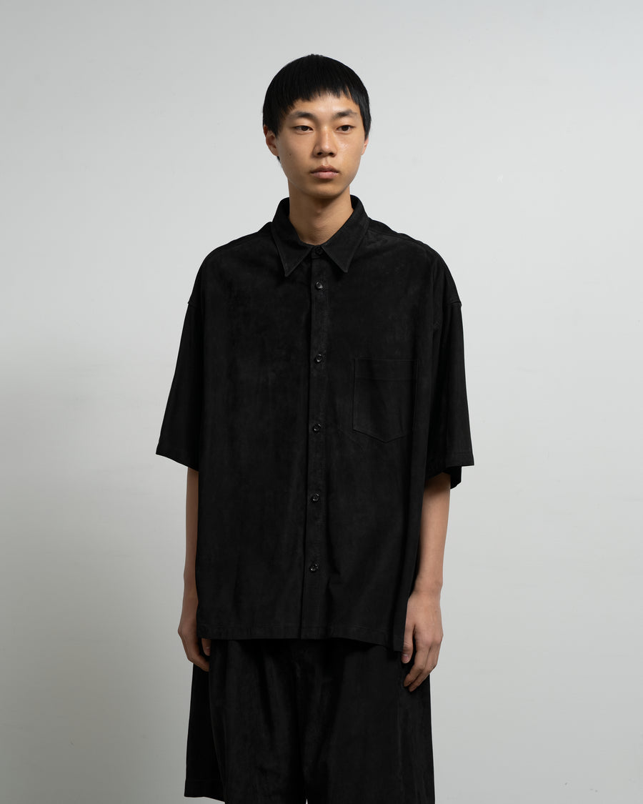 SALE- Cow Nubuck Leather S/S Oversized Regular Collar Shirt